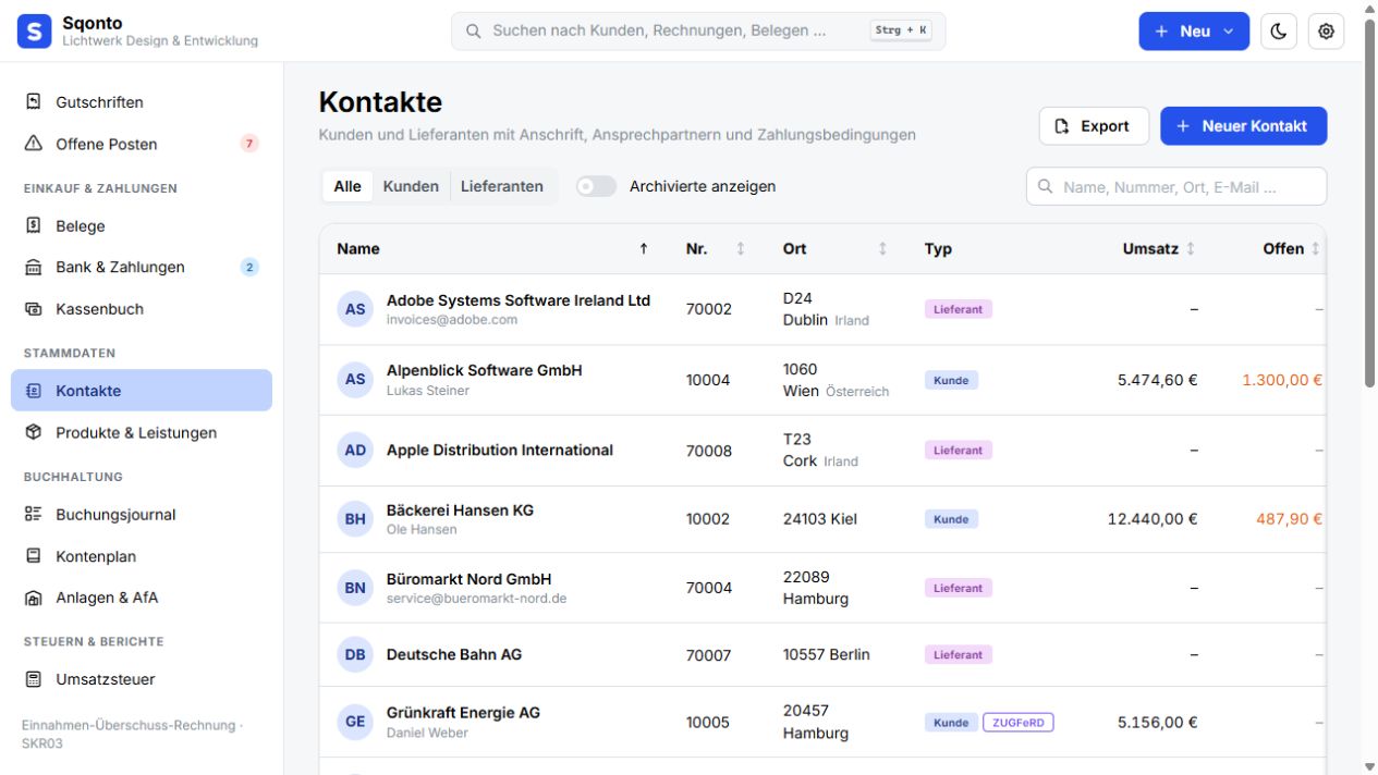 Kontaktverwaltung mit Kunden und Lieferanten in Sqonto mit dem Demo-Unternehmen Lichtwerk Design & Entwicklung
