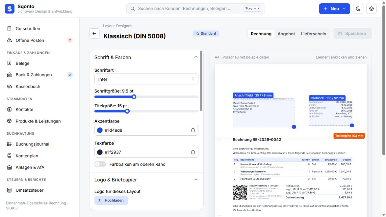 Dokumentlayouts in den Sqonto-Einstellungen in Sqonto mit dem Demo-Unternehmen Lichtwerk Design & Entwicklung
