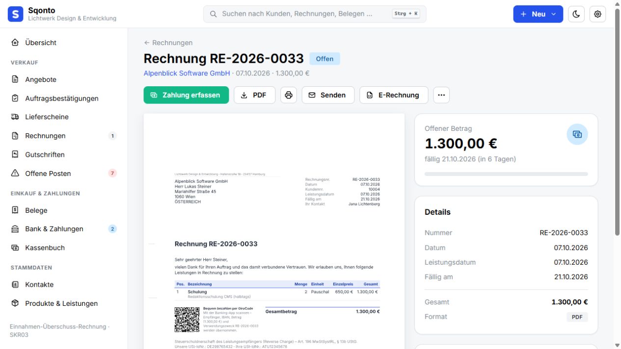 Rechnungsdetail mit PDF- und E-Rechnungsfunktionen in Sqonto mit dem Demo-Unternehmen Lichtwerk Design & Entwicklung