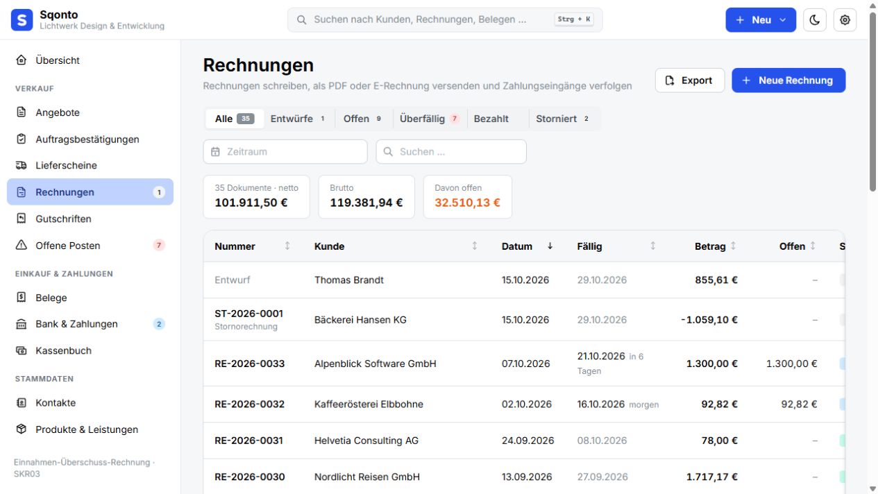 Rechnungsübersicht in Sqonto mit dem Demo-Unternehmen Lichtwerk Design & Entwicklung